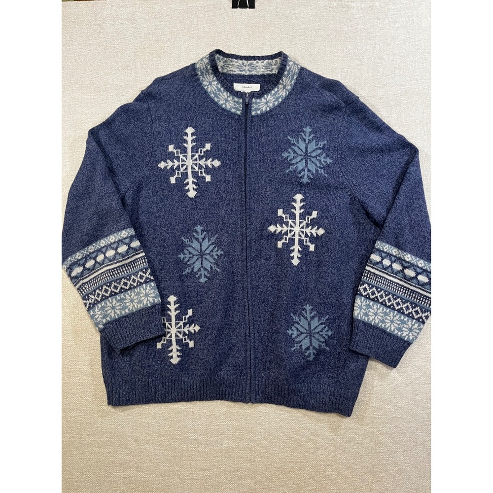 Blue Fair Isle Knit Snowflake Full Zip 2X Grandma Cardigan Sweater Winter